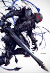  1boy armor artist_name commentary_request fate/zero fate_(series) gauntlets gradient_background grey_background helmet holding holding_sword holding_weapon k-suwabe knight lancelot_(fate/zero) male_focus solo sword weapon 