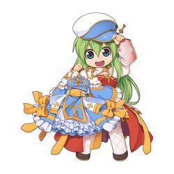  1girl arch_bishop_(ragnarok_online) black_footwear blue_dress blue_eyes cabbie_hat chibi chibi_only cleavage_cutout clothing_cutout cross dress fishnet_thighhighs fishnets frilled_dress frilled_sleeves frills full_body gold_trim green_hair hair_between_eyes hand_on_headwear hat holding holding_clothes holding_dress juliet_sleeves key long_bangs long_hair long_sleeves looking_at_viewer official_alternate_costume official_art open_mouth puffy_sleeves ragnarok_online round_teeth shoes simple_background smile solo teeth thigh-highs transparent_background two-tone_dress upper_teeth_only white_dress white_hat white_thighhighs yuichirou 