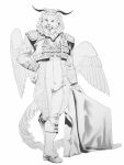  1boy animal_ears cropped_jacket curled_horns dungeon_meshi epaulettes feathered_wings full_body furry furry_male greyscale hand_on_own_hip highres horns lion_boy lion_ears lion_tail looking_to_the_side male_focus mane monochrome pants personification shoes simple_background solo standing tail uniform white_background winged_lion_(dungeon_meshi) wings wushutaichuitousangqideyizhichong 