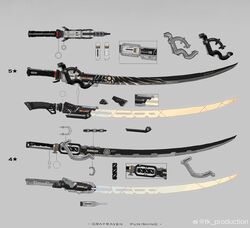  absurdres concept_art copyright_name grey_background highres katana multiple_views no_humans official_art punishing:_gray_raven reference_sheet simple_background sword tk_production weapon weapon_focus weibo_logo weibo_watermark 