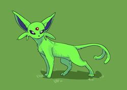  alternate_color chomahu espeon forehead_jewel forked_tail green_background green_fur no_humans pokemon pokemon_(creature) shiny_pokemon simple_background tail violet_eyes 