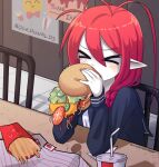  &gt;_&lt; 1girl antenna_hair black_sailor_collar black_serafuku blush braid burger chair cheese closed_mouth colored_skin cup disposable_cup drinking_straw eating english_commentary fast_food food french_fries funamusea hair_between_eyes highres holding holding_burger holding_food ketchup lettuce lobco_(funamusea) neckerchief onion oounabara_to_wadanohara pickle pink_nails pointy_ears poster_(object) redhead redscarfy sailor_collar school_uniform serafuku single_braid solo table tile_floor tiles tomato tomato_slice twitter_username white_neckerchief white_skin 