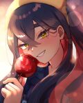 1girl black_hair blush candy_apple carmine_(pokemon) colored_inner_hair commentary_request crossed_bangs food hair_between_eyes hairband highres holding holding_food japanese_clothes jinbei_(clothes) looking_at_viewer mitorizu_02 mole mole_under_eye multicolored_hair pokemon pokemon_sv redhead smile solo teeth upper_body yellow_eyes yellow_hairband 