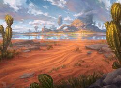  andrewkmar blue_sky cactus clouds cloudy_sky day landscape magic:_the_gathering no_humans official_art outdoors rock sand scenery signature simple_bird sky tree water 