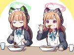  2girls animal_ear_headphones animal_ears apron blue_archive blue_bow blue_bowtie blunt_bangs bow bowl bowtie cat_ear_headphones commentary_request cup drink drinking_glass eating fake_animal_ears food food_on_face fork frilled_apron frills halo headphones highres holding holding_fork light_brown_hair long_sleeves looking_at_viewer maid maid_apron maid_headdress medium_hair messy midori_(blue_archive) midori_(maid)_(blue_archive) momoi_(blue_archive) momoi_(maid)_(blue_archive) multiple_girls official_alternate_costume official_alternate_hairstyle parted_bangs pasta red_eyes siblings sidelocks simple_background spaghetti table twins two-tone_background water white_apron yukimi_unagi 