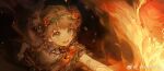  2girls :d bandaged_arm bandages bandaid bandaid_on_arm blue_eyes braid brown_cloak brown_hair cloak dark_background double_bun elemental_(creature) facing_away fiery_hair fire fire_elemental flower hair_bun hair_flower hair_ornament konohana_(weibo) long_hair looking_at_another multiple_girls outstretched_arm red_flower reverse:1999 smile spathodea_(reverse:1999) twin_braids ulu_(reverse:1999) upper_body weibo_logo weibo_watermark 