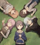  5girls :3 bang_dream! bang_dream!_it&#039;s_mygo!!!!! black_shirt blue_eyes blue_hoodie brown_dress brown_hair chihaya_anon closed_eyes closed_mouth commentary drawstring dress expressionless from_above grass grey_eyes grey_hair grey_skirt hashtag-only_commentary heterochromia highres hood hoodie kaname_raana layered_sleeves long_hair long_sleeves lu_guan lying multiple_girls mygo!!!!!_(bang_dream!) nagasaki_soyo on_back open_clothes open_shirt outdoors pinafore_dress pink_hair red_eyes shiina_taki shirt short_hair short_over_long_sleeves short_sleeves skirt sleeveless sleeveless_dress takamatsu_tomori two-tone_hoodie v violet_eyes white_hair white_hoodie white_shirt yellow_eyes 