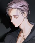  1boy black_shirt collarbone forehead from_side haitani_ran highres looking_at_viewer male_focus neck_tattoo pectoral_cleavage pectorals portrait purple_hair shirt smirk tattoo tokyo_revengers violet_eyes wawgwo 