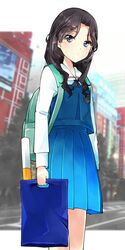  1girl 22/7 akihabara_(tokyo) backpack bag blue_bag blue_skirt feet_out_of_frame green_bag grey_eyes grey_hair hair_intakes highres holding holding_bag letterboxed long_hair long_sleeves looking_to_the_side orihara_sumika outdoors parted_bangs plastic_bag pleated_skirt shirt skirt solo trefle_r wavy_hair white_shirt 