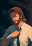 1boy adjusting_clothes adjusting_necktie bandaged_arm bandages beard bigby_wolf black_necktie brown_facial_hair brown_hair collared_shirt commentary facial_hair full_beard herfstijl heterochromia highres looking_at_viewer necktie parted_lips red_eyes shirt short_hair sleeves_past_elbows solo teeth the_wolf_among_us upper_body white_shirt yellow_eyes 