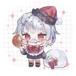  1girl animal_ear_legwear black_bow black_footwear black_sweater blush boned_meat bow chibi commentary_request facial_hair food full_body hair_ornament hairclip hand_up hat heart heart-shaped_pupils highres holding holding_food indie_virtual_youtuber kuromu_(96-94) looking_at_viewer meat mustache no_pants red_bow red_eyes red_thighhighs sabita_hagane sack santa_hat solo sweater symbol-shaped_pupils thigh-highs virtual_youtuber x_hair_ornament 