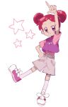  1girl arm_up commentary double_bun english_commentary full_body grey_shorts hair_bun hair_ornament hand_on_own_hip harukaze_doremi highres kneehighs looking_at_viewer malan musical_note musical_note_hair_ornament ojamajo_doremi outstretched_arm pink_shirt redhead shirt shoes short_bangs short_hair short_sleeves shorts simple_background smile sneakers socks solo standing star_(symbol) violet_eyes white_background 