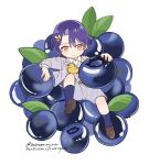  1boy aged_down animated blazer blue_hair blue_socks blueberry brown_footwear child collared_shirt dr._ratio_(honkai:_star_rail) english_text food frown fruit grey_jacket grey_shorts grey_suit grey_vest hair_ornament honkai:_star_rail honkai_(series) jacket knee_up kneehighs leaf_hair_ornament loafers long_sleeves looking_at_viewer looping_animation lying male_focus mini_person miniboy on_back orange_eyes rubber_duck sakanomachico shirt shoes shorts simple_background socks solo suit three-piece_suit twitter_username vest white_background white_shirt 