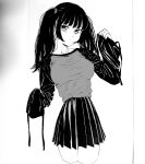  1girl absurdres bad_id bad_pixiv_id black_hair black_skirt breasts collarbone dende_(dndn222) facing_viewer greyscale highres large_breasts long_hair long_sleeves looking_at_viewer monochrome original pleated_skirt scan scan_artifacts skirt sleeves_past_wrists solo standing thighs traditional_media twintails 