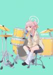  1girl ahoge aqua_background black_footwear black_skirt blue_archive blush chair drinking drinking_straw drinking_straw_in_mouth drum drumsticks full_body halo highres holding holding_drumsticks instrument jacket long_hair long_sleeves looking_at_viewer natsu_(band)_(blue_archive) natsu_(blue_archive) official_alternate_costume open_clothes open_jacket pink_hair pink_halo pleated_skirt ranyu red_eyes shirt shoes simple_background sitting skirt socks solo white_shirt white_socks yellow_jacket 