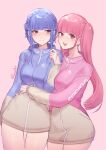  2girls :d absurdres artist_name blue_hair blue_sweater blunt_bangs braid breasts brown_eyes brown_sweater commentary crown_braid english_commentary fire_emblem fire_emblem:_three_houses highres hilda_valentine_goneril lesu looking_at_viewer marianne_von_edmund multiple_girls open_mouth pink_background pink_hair pink_sweater red_eyes simple_background smile standing sweater teeth twintails twitter_username two-tone_sweater upper_teeth_only 
