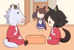  3girls animal_ears animal_head bag black_hair black_shirt blue_bow blue_skirt blush_stickers board_game bow brown_hair brown_hat chibi gold_ship_(umamusume) gomashio_(goma_feet) hair_bow hat horse_ears horse_girl horse_tail indoors jacket mini_hat multiple_girls on_floor pants pleated_skirt profile red_jacket red_pants school_bag school_uniform seiza shirt shogi sitting skirt standing tail tosen_jordan_(umamusume) tracen_school_uniform track_jacket track_pants track_suit twintails umamusume winning_ticket_(umamusume) |_| 