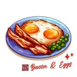  bacon egg_(food) food food_focus fried_egg highres no_humans original peas plate still_life white_background yuki00yo 