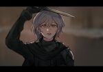  1girl black_bodysuit blurry blurry_background bodysuit brown_eyes commentary dagger dune_(series) english_commentary highres holding holding_dagger holding_knife holding_weapon knife letterboxed looking_at_object maybecrosswise original parted_lips purple_hair solo upper_body weapon 