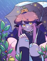  1girl animal animal_ears black_shirt choker cross frog gomi_(gomiidd) hand_on_own_knee highres holding holding_umbrella horns leaf long_hair looking_at_viewer original outdoors plant rain sheep_ears sheep_girl sheep_horns shirt sitting solo umbrella yellow_eyes 