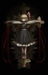  1girl ascot black_background black_skirt black_vest blonde_hair blood closed_eyes commentary cross crucifixion english_commentary facing_viewer frilled_skirt frills hair_ribbon highres long_sleeves red_ascot red_ribbon ribbon rumia sharp_teeth short_hair simple_background skirt solo t-pose teeth there2007 touhou upper_teeth_only vest 