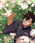  1boy black_hair cherry_blossoms day from_above grass grey_kimono hair_between_eyes highres japanese_clothes kimono kurima_raizou looking_up male_focus nakukaba outdoors petals red_eyes revenger solo spiky_hair wide_sleeves 