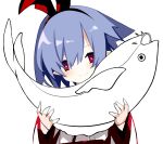 1girl black_background blue_hair closed_mouth commentary disgaea fish hair_between_eyes hairband highres letterboxed looking_at_viewer nanozenzen pillarboxed pleinair red_eyes sakurafish smile solo transparent_background 