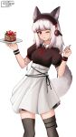  1girl animal_ear_fluff animal_ears arknights artist_logo artist_name black_hairband black_thighhighs brown_dress brown_wristband buttons cake cake_slice chinese_commentary closed_mouth collared_dress commentary_request cowboy_shot dress food fork frostleaf_(arknights) grey_hair grey_tail hairband hands_up headphones high-waist_skirt highres holding holding_fork holding_plate lace-trimmed_hairband lace_trim looking_at_viewer medium_hair neck_ribbon one_eye_closed partial_commentary plate puffy_short_sleeves puffy_sleeves red_eyes red_ribbon ribbon ribbon-trimmed_hairband ribbon_trim short_sleeves sidelocks simple_background skirt solo standing straw_thoughts_(daocao) tail tail_raised thigh-highs white_background white_hair white_skirt wristband 