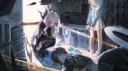  1boy 2girls absurdres arona_(blue_archive) black_footwear black_gloves blue_archive blue_hair blue_jacket caution_tape closed_eyes collared_shirt crime_scene crying cuffs demon_horns demon_wings doodle_sensei_(blue_archive) envelope fur-trimmed_jacket fur_trim gloves greedice grey_hair halo handcuffs highres hina_(blue_archive) horns indoors jacket keep_out looking_at_another loose_necktie lying multiple_girls necktie on_back parted_bangs purple_thighhighs pyroxene_(blue_archive) sensei_(blue_archive) shiroko_(blue_archive) shirt squatting standing streaming_tears tears thigh-highs wanted_poster wings 