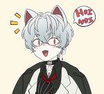  1boy :d animal_ears black_choker black_shirt cat_ears choker collared_shirt commentary crossed_bangs ear_piercing english_commentary english_text facial_mark fangs furuyawn grey_hair hair_between_eyes hand_on_own_chest highres jewelry lapels male_focus necklace necktie nexas_(vtuber) notched_lapels nyantsume open_mouth piercing red_eyes red_necktie shirt smile solo speech_bubble tongue vest virtual_youtuber white_vest yellow_background 