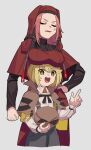  1girl angry benbe blonde_hair breast_rest breasts breasts_on_head brown_capelet capelet chest_harness deerstalker detective harness hat heaven_burns_red highres irene_redmayne large_breasts maria_de_angelis nun redhead short_hair yellow_eyes yuri 