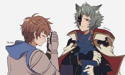  2boys animal animal_ears armor armored_gloves black_cat blue_hood breastplate brown_hair cape cat closed_eyes closed_mouth collared_cape commentary curled_fingers frown gauntlets gran_(granblue_fantasy) granblue_fantasy grey_hair hair_intakes half_mask highres holding holding_animal holding_cat hood hood_down layered_clothes layered_sleeves long_sleeves looking_at_another male_focus mask multiple_boys narrowed_eyes own_hands_together pauldrons pppppknw praying seox_(granblue_fantasy) short_over_long_sleeves short_sleeves shoulder_armor simple_background sleeves_past_wrists sweatdrop twitter_username two-sided_cape two-sided_fabric upper_body whiskers white_background 