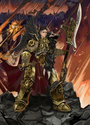  absurdres adeptus_custodes armor cloak commission constantin_valdor feathers gauntlets genderswap genderswap_(mtf) halberd highres holding holding_polearm holding_weapon kkghost_tv polearm power_armor red_cloak short_hair sky solo warhammer_40k weapon 