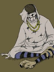  1boy alternate_form claws commentary_request dress facepaint full_body green_background harpy_boy head_scarf indian_style jewelry long_dress long_sleeves male_focus monster_boy necklace one_piece oooooogu24 pearl_necklace pell simple_background sitting solo 