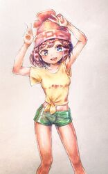  1girl :d absurdres arms_up beanie black_hair blue_eyes collarbone double_v feet_out_of_frame green_shorts hat highres korean_commentary looking_at_viewer navel open_mouth pokemon pokemon_sm red_hat rtb_(jbsb8423) selene_(pokemon) shirt short_hair short_sleeves shorts smile solo swept_bangs teeth tied_shirt upper_teeth_only v yellow_shirt 