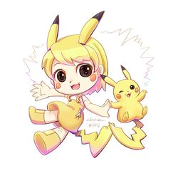  1girl :3 animal_ears blonde_hair brown_eyes chiuanzhang creature_and_personification dress electricity full_body marking_on_cheek one_eye_closed open_mouth personification pikachu pokemon pokemon_(creature) short_hair simple_background tail white_background yellow_dress yellow_footwear 