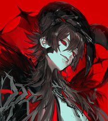  1boy au_(d_elete) black_hair black_sclera cape character_request closed_mouth colored_sclera copyright_request demon_boy demon_horns facial_tattoo from_below fur_cape hair_between_eyes highres hime_cut horns light_smile lip_piercing long_hair looking_at_viewer looking_down male_focus piercing red_eyes red_theme solo tattoo very_long_hair wolf_cut 