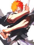  1boy black_kimono bleach bleach:_sennen_kessen-hen covered_mouth dual_wielding fighting_stance floating_clothes holding holding_sword holding_weapon japanese_clothes kimono kurosaki_ichigo long_sleeves looking_at_viewer orange_eyes orange_hair panyasan_777 serious short_hair simple_background solo spiky_hair straight-on sword v-shaped_eyebrows weapon white_background wide_sleeves 