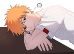  1boy arm_support bleach blush_stickers brown_eyes commentary_request crossed_arms from_side gwao_(_ul_13) highres kon_(bleach) korean_commentary kurosaki_ichigo looking_at_viewer male_focus nose orange_hair parted_lips school_uniform shirt short_hair short_sleeves simple_background smile solo spiky_hair tsurime upper_body v-shaped_eyebrows watch watch white_background white_shirt 