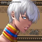  blue_eyes dark-skinned_female dark_skin dated elena_(street_fighter) eyelashes glance highres jewelry muscular muscular_female neck_ring patterned_background portrait short_hair sideways_glance signature smile street_fighter twitter_logo white_hair 