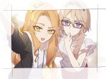  2girls arm_up black_hairband black_jacket blonde_hair border brown_hair drawstring glasses hair_between_eyes hairband hand_to_own_mouth hand_up hood hoodie jacket ko_(kochan_pr) long_hair looking_at_viewer multiple_girls open_mouth pretty_series shirt smile sumeragi_amane_(pretty_series) sweatdrop taking_picture upper_body violet_eyes waccha_primagi! white_border white_hoodie white_shirt yayoi_hina yellow_eyes 