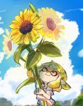  1girl blonde_hair blue_sky closed_mouth clouds day flower holding holding_flower inkling inkling_girl inkling_player_character koike3582 looking_up outdoors pointy_ears shirt short_hair short_sleeves sky smile solo splatoon_(series) sunflower t-shirt tentacle_hair white_shirt yellow_eyes yellow_flower 