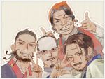  1girl 3boys 99814070 ainu_clothes beard black_hair blue_eyes facial_hair full_beard golden_kamuy grin group_picture kiroranke long_hair long_sleeves looking_at_viewer mature_male missing_tooth multiple_boys mustache old old_woman scar scar_on_face scar_on_forehead short_hair smile sofia_(golden_kamuy) thick_beard thick_eyebrows thumbs_up tsurumi_tokushirou upper_body v v_over_eye wilk_(golden_kamuy) wrinkled_skin 