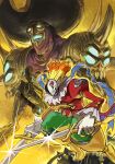  armor boots digimon digimon_(creature) dual_wielding evolutionary_line glint glowing green_pants highres holding holding_sword holding_weapon jester level-00 mask pants piemon pirate red_shirt shirt shoulder_armor skull_mask spikes sword voltobautamon weapon yellow_background yellow_footwear yellow_theme 