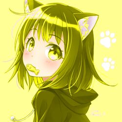  1girl animal_ears blonde_hair blush cat_ears cat_girl drawstring food food_in_mouth hoodie looking_at_viewer looking_back mouth_hold original paw_print short_hair smile solo t-shirt upper_body yellow_background yellow_eyes yellow_hoodie yellow_t-shirt 