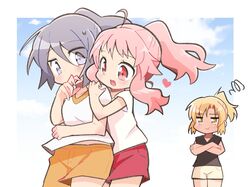  3girls anima_yell! black_t-shirt blonde_hair cheering cheerleader gym_uniform hatoya_kohane multiple_girls pink_hair red_eyes sawatari_uki t-shirt tatejima_kotetsu teacher teacher_and_student white_t-shirt yellow_eyes 