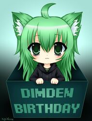  1girl :3 ahoge animal_ear_fluff animal_ears artist_name black_jacket box cat_ears cat_girl character_name closed_mouth dimden_(character) green_eyes green_hair highres hood hood_down hooded_jacket in_box in_container jacket kigidere long_hair long_sleeves looking_at_viewer original solo 