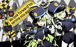  2girls 4_m_lacra belt black_belt black_hat black_jacket black_shorts black_skirt black_tail blue_archive buttons demon_tail double-breasted gloves green_hair green_halo grin halo hat highlander_sidelocks_conductor_(blue_archive) highlander_twintails_conductor_(blue_archive) highres jacket long_hair long_sleeves looking_at_viewer multiple_girls open_mouth pantyhose peaked_cap pleated_skirt pointing pointing_at_viewer pointy_ears shorts sidelocks skirt smile tail twintails white_gloves white_pantyhose yellow_eyes 