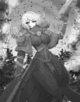  1girl absurdres adepta_sororitas arm_armor armor breasts closed_mouth commission feet_out_of_frame gloves greyscale gun highres holding holding_gun holding_weapon large_breasts leg_armor mayoa medium_hair monochrome outdoors solo warhammer_40k weapon 