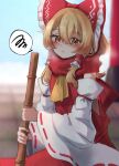  1girl ascot blonde_hair blurry blurry_background blush bow breath broom closed_mouth commentary cosplay cowboy_shot crossed_bangs day detached_sleeves embarrassed enpera eyes_visible_through_hair frilled_bow frilled_hair_tubes frills frown hair_between_eyes hair_bow hair_tubes hakurei_reimu hakurei_reimu_(cosplay) highres holding holding_broom huge_bow karasu2020_8 kirisame_marisa long_sleeves looking_at_viewer nontraditional_miko nose_blush outdoors red_bow red_ribbon red_scarf ribbon ribbon-trimmed_sleeves ribbon_trim scarf sidelocks sketch solo spoken_squiggle squiggle standing touhou wide_sleeves winter winter_clothes yellow_ascot yellow_eyes 